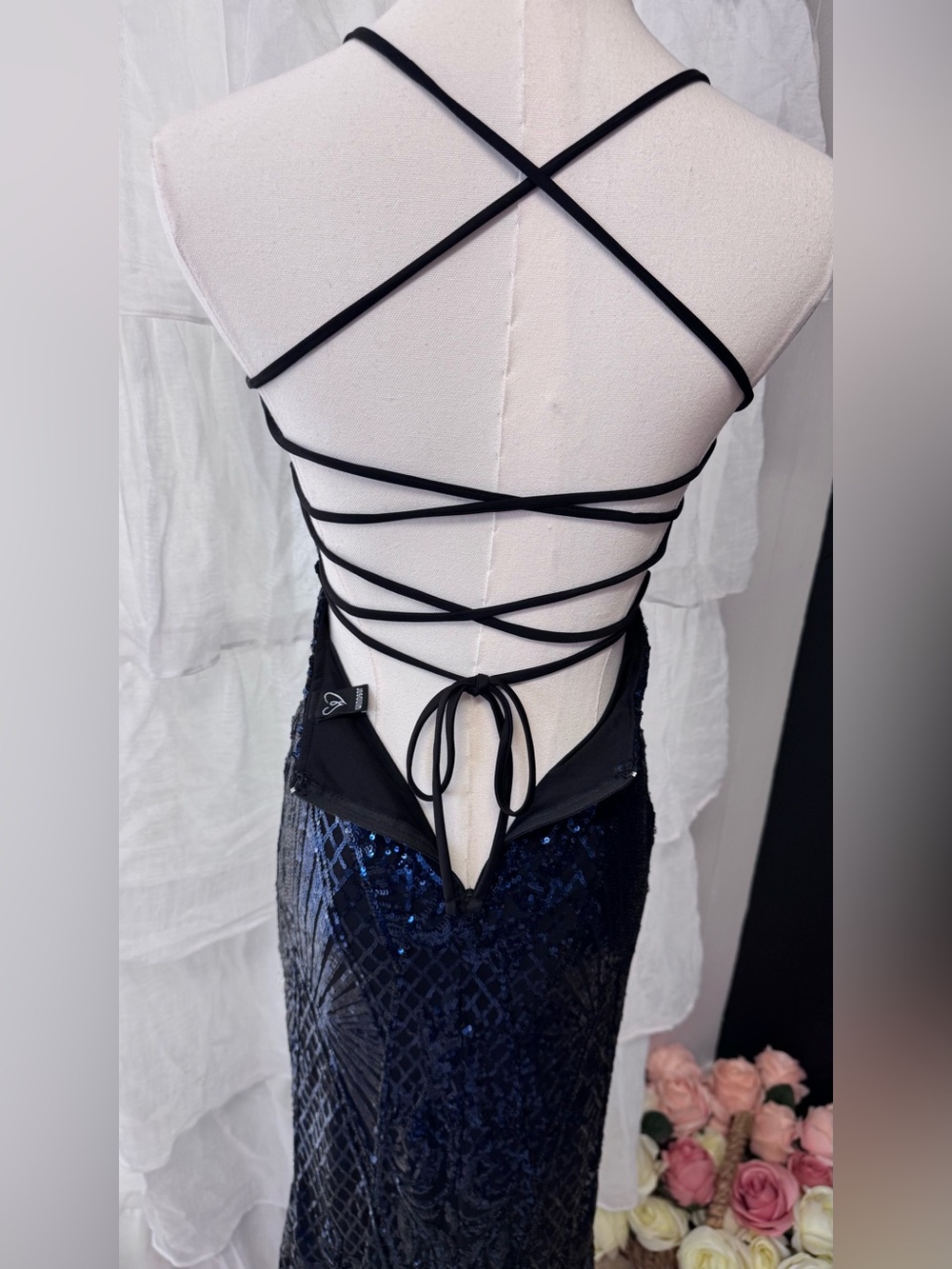 Windsor Navy Sequin Halter Gown with Thigh Slit - Picture 7 of 16